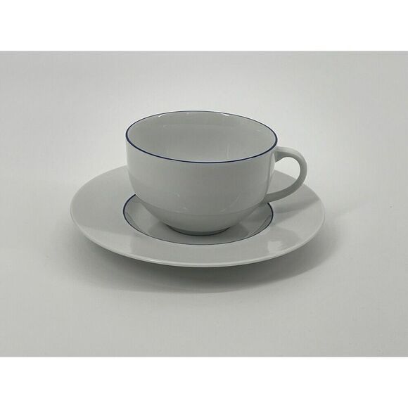 Crate & Barrel Epoch Blue Line White Tea Cup & Saucer Set Kathleen Wills Japan - Picture 1 of 8
